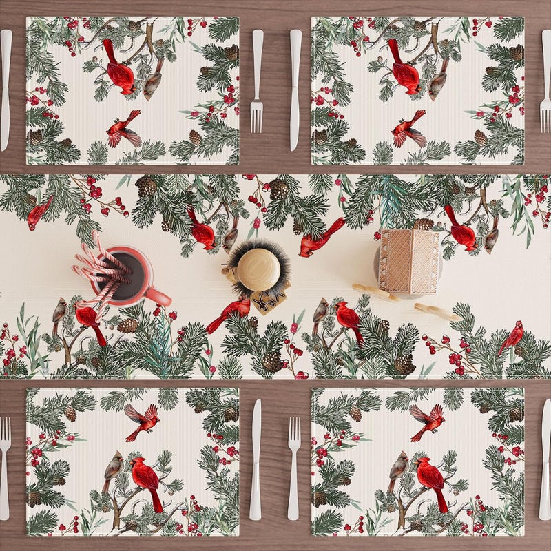 XCHI Cardinal Birds Winter Pine Tree Christmas Xmas Placemats Set of 4 Table Mats for Party Home Kitchen Dining Table Decorations 12x18 Inch - Image 2